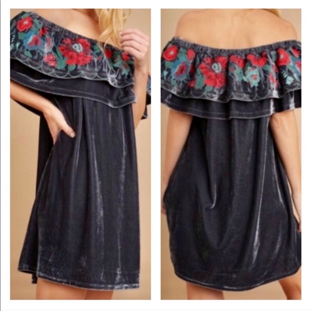 2 LEFT Navy Crushed Velvet Floral Dress - Picture 2 of 8